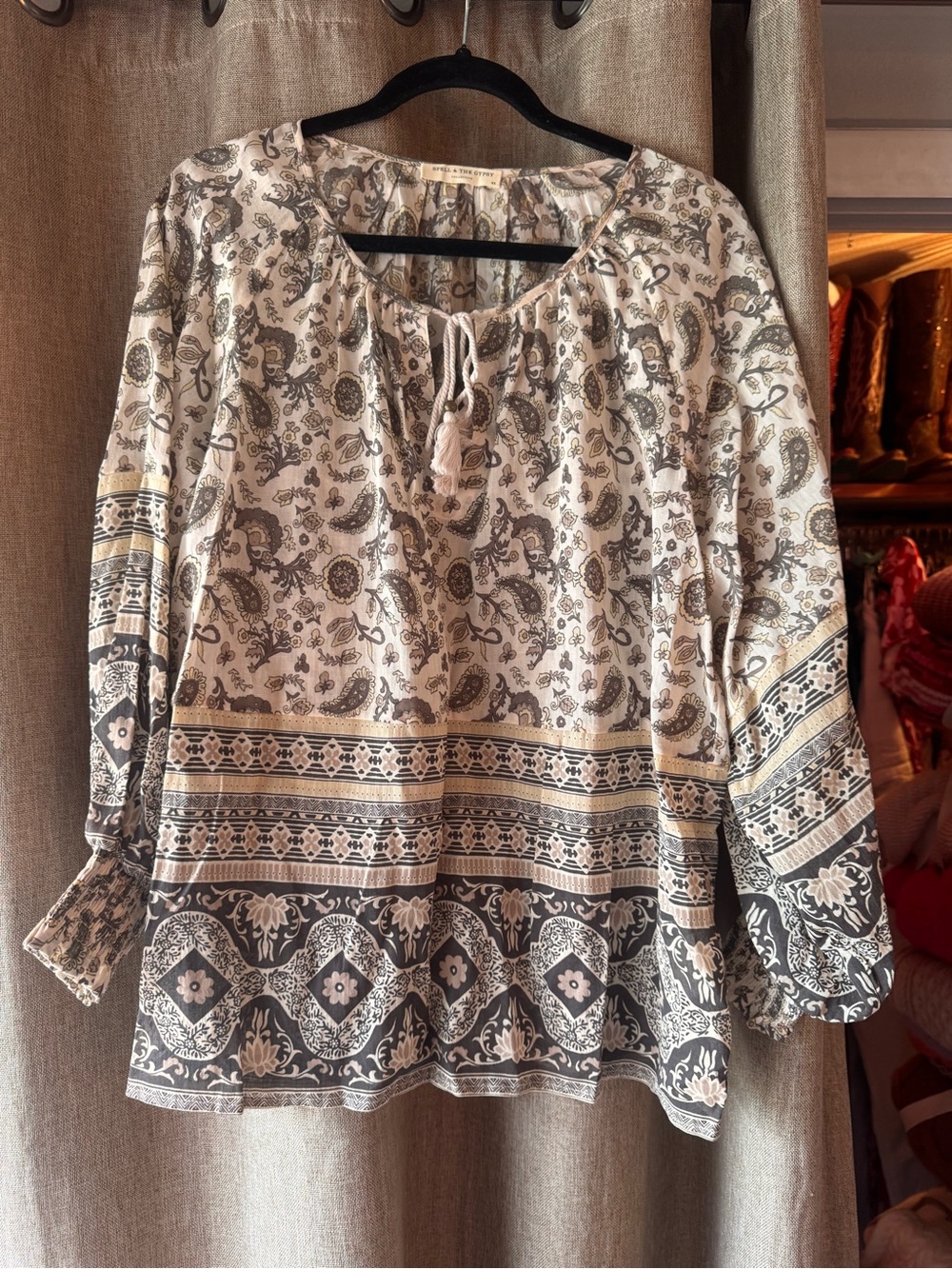 Spell Journey Cream and Brown Paisley Peasant Blouse in Ash
